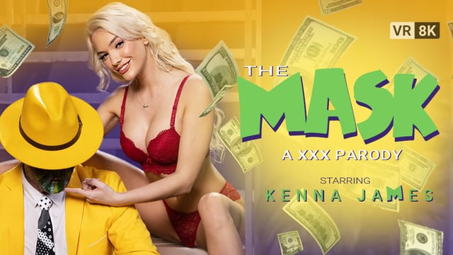 Kenna James wears a mask during a POV blowjob in a 4K VR Conk production
