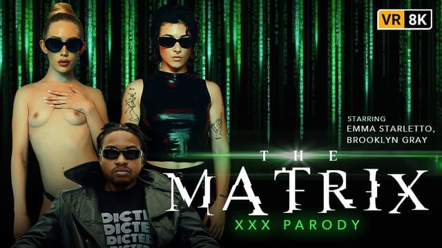 Brooklyn Gray and Emma Starletto perform a POV blowjob in a Matrix parody VR scene with close up details and 60 FPS gameplay.