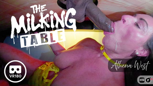 Athena West performs oral sex and breast play on a fetish milking table in this FBOMB VR 60fps production.