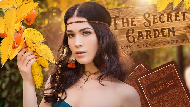 Evelyn Claire performs a blowjob in a garden setting, shown in 4K VR POV.