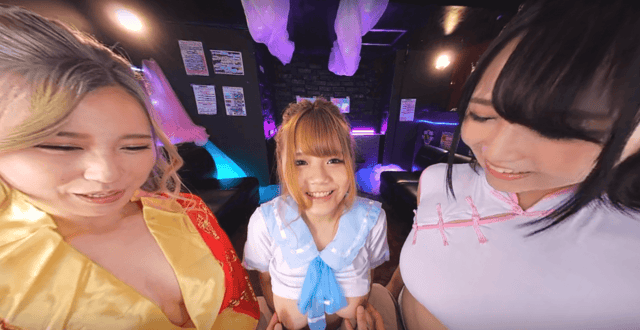 Riho Takahashi, Ria Itano, and Kokona Asakura perform vaginal sex and blowjobs in a Tokyo club setting for this VR POV production.