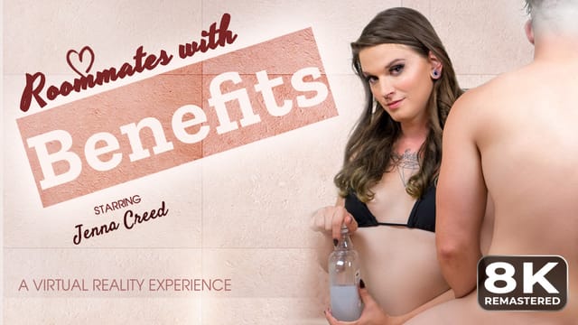 Brunette model Jenna Creed performs a blowjob in a spa setting with 180 degree VR passthrough and 4K resolution
