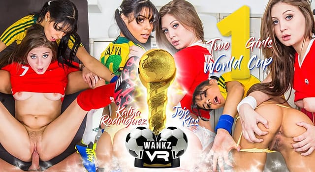 Katya Rodriguez and JoJo Kiss perform vaginal sex and blowjobs in a POV VR scene with ponytails and medium tits