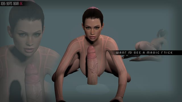 Blonde woman performs a solo blowjob in a VR passthrough magic trick scene, captured in 90 frames per second with big breasts visible.