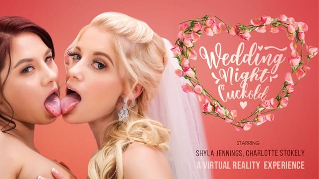 Shyla Jennings and Charlotte Stokely perform oral sex in a wedding setting, captured in 4K VR with 60 FPS passthrough quality.