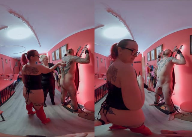 Vexxy Bliss acts as dominas in a VR fetish scene with 60 FPS playback and POV camera angles.