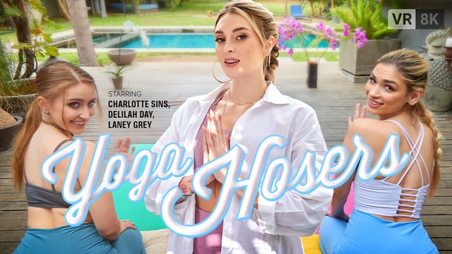 Laney Grey, Charlotte Sins, and Delilah Day perform yoga in a group sex scene captured in 60 FPS VR POV.