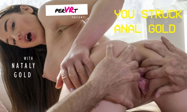 Nataly Gold performs anal and vaginal sex in a VR POV scene with medium tits in 8K resolution.