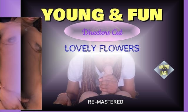 Petite Ebony model Lovely Flowers performs a solo blowjob and riding scene in a remastered passthrough VR video with non POV shots.