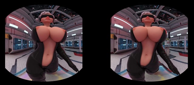Animated horned woman in glasses and leather poses for 180 degree 3D VR adult content in 4K resolution