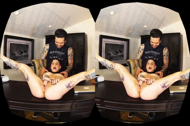 Joanna Angel performs a VR striptease and masturbation session in a massage setting with 4K resolution.