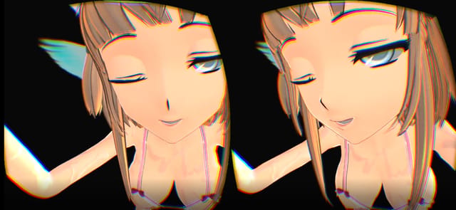 POV VR anime scene with large breasts in a meeting setting featuring 180 degree 4K resolution and 60 frames per second playback.