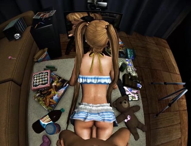 Anime character Marie Rose in a 180 degree VR POV scene filmed in 4K resolution from behind.