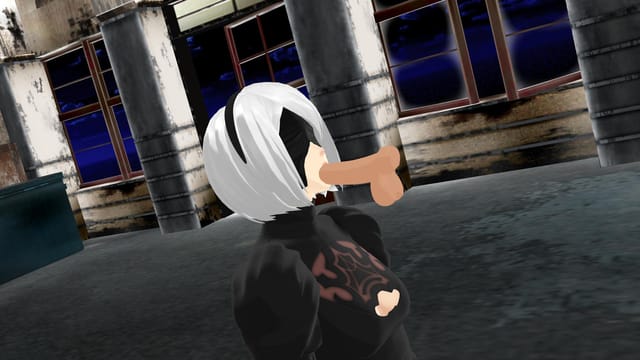 3D anime model 2B performs oral sex on a partner in a virtual reality anime parody scene featuring 4K resolution and 60 FPS.