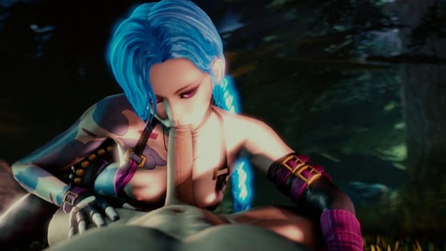 CGI Jinx performs a blowjob in a virtual 3D environment captured in 4K resolution for an immersive VR experience.