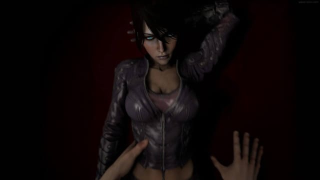 Morrigan in full leather demonstrates VR sex in a 180-degree 4K passthrough scene from DarkDreams