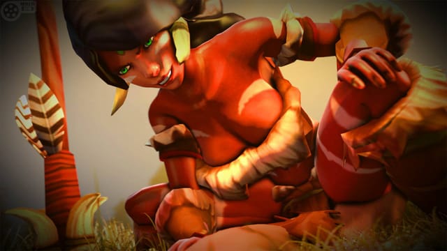 Nidalee in a cowgirl position during a 180 degree VR hentai parody filmed in 4K resolution within the valley setting by DarkDreams