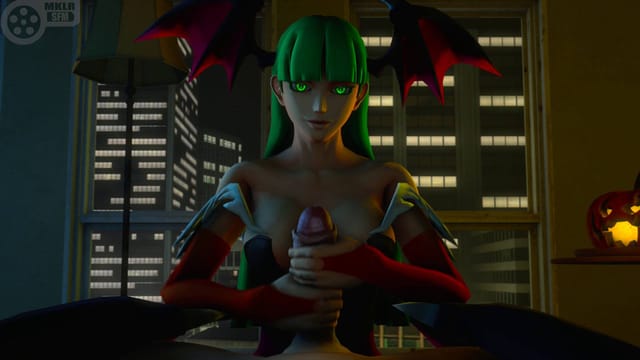 CGI Morrigan Aensland laughs while receiving a handjob in a 180 degree VR scene from DarkDreams