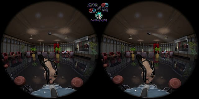 Blonde woman in a club setting performs anal sex in a POV perspective within a 4K VR simulation by FantasySFM