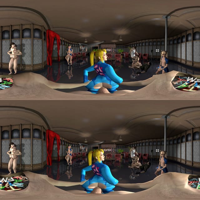 CGI Samus Aran in doggystyle POV during a 360 VR orgy, rendered in 4K fantasy animation.