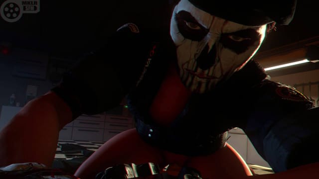 Caveira character in cowgirl position during intense interrogation scene in VR 180 degree 4K resolution