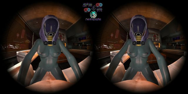 CGI Tali Zorah rides in cowgirl position within a 180 degree VR scene in 4K resolution.