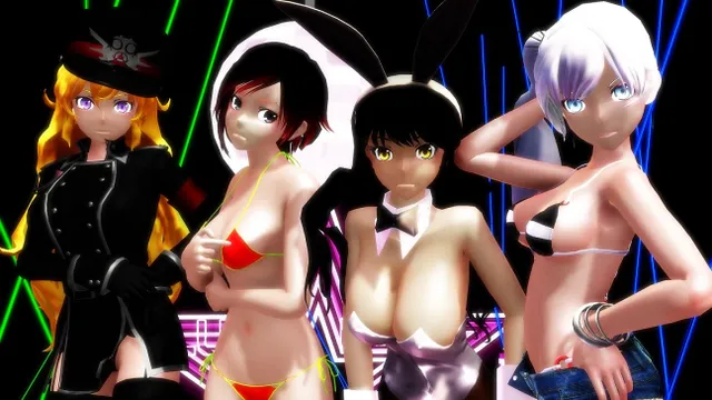 CGI RWBY characters in a hentai parody scene featuring interactive VR anime content with premium point of view visuals.