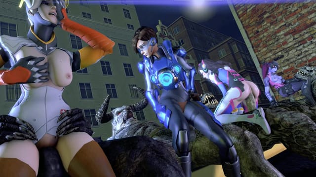 Tracer, Mercy, and D.Va engage in explicit acts in a virtual reality 3D cartoon setting with 4K resolution.