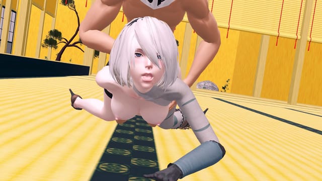 CGI 2B character receives rear penetration in a dark virtual environment during this 180 degree VR 4K experience with binaural audio