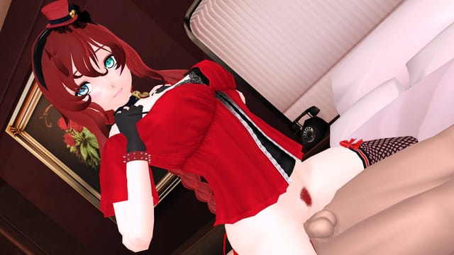 CGI hentai female character enjoying romantic intimacy in a dimly lit bedroom setting captured in 4K 180 degree VR passthrough style