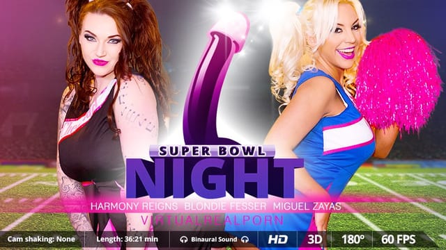 Harmony Reigns, Miguel Zayas, and Blondie Fesser engage in hardcore interracial group sex during a Super Bowl party in 4K VR POV.
