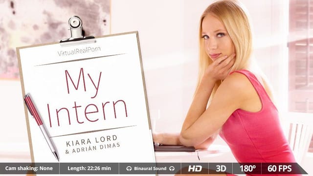 Kiara Lord performs a POV blowjob in an apartment setting, featuring Adrian Dimas in this premium 4K European VR video.