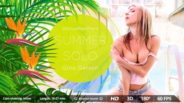 Gina Gerson performs a solo act in a summer setting, filmed in 60 FPS VR for Virtual Real Porn.
