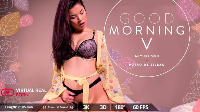 Miyuki Son appears in a Virtual Real Porn 4K VR POV scene featuring a hot Asian beauty girlfriend experience in a bedroom setting.
