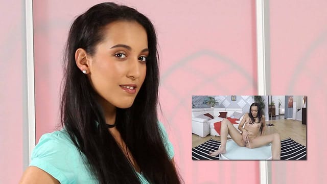 Brunette Amanda Estela performs solo fetish play with a glass dildo in 4K VR footage filmed at 60 FPS.