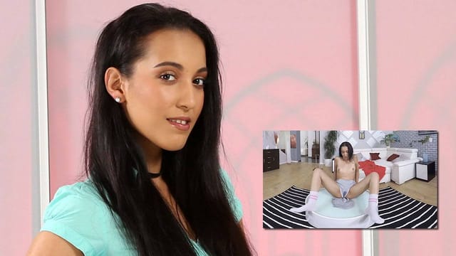 Brunette Amanda Estela performs a solo fetish scene with a damp crotch in this 4K VR video produced by VirtualPee.