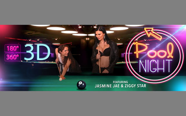 Jasmine Jae and Ziggy Star perform lesbian dildo action in a pool setting within this VR Bangers 4K POV video.