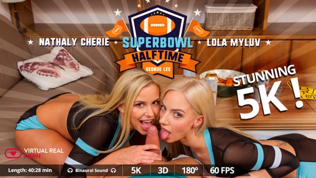 Lola Myluv and Nathaly Cherie perform oral sex on the viewer in a VR POV scene filmed in 8K resolution for Virtual Real Porn.