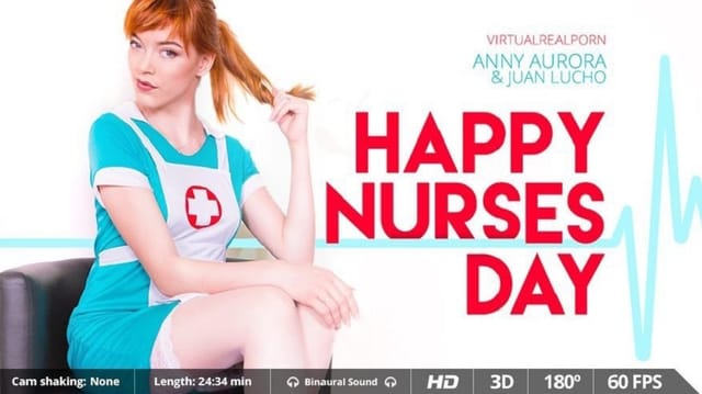 Anny Aurora in red stockings gives a blowjob to Juan Lucho in a nurse costume during this 4K VR porn scene.