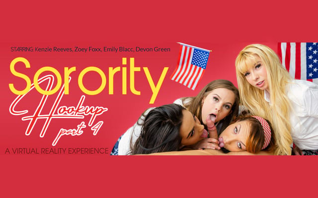 Devon Green, Kenzie Reeves, and Zoey Foxx perform oral sex in a college setting for this VR Bangers POV video.