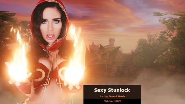 Brunette Naomi Woods in cosplay performs a POV scene in WhorecraftVR 4K 60fps production