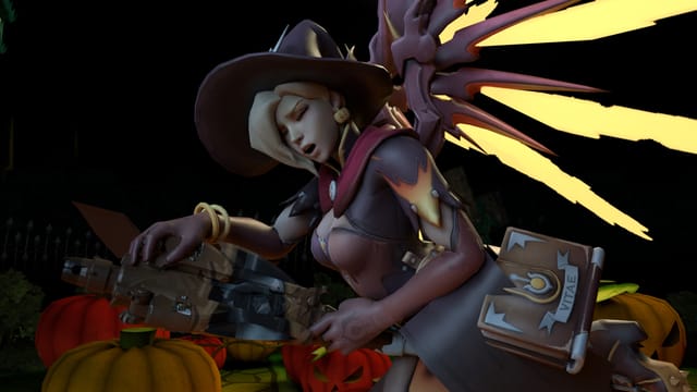 CGI hentai Mercy rides a broomstick in 4K 180 degree VR with binaural sound for immersive adult viewing.