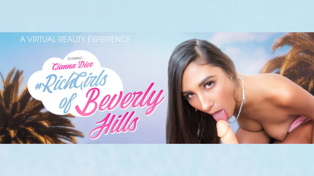 Brunette Gianna Dior performs a solo act in a Beverly Hills setting, captured in 4K resolution with 60 FPS for premium VR viewing.