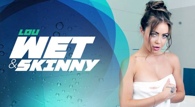 Brunette Lou performs solo masturbation in a VR 180 degree 4K scene with wet skin.