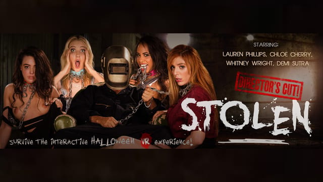 Demi Sutra, Chloe Cherry, and Whitney Wright in a horror cosplay POV scene for Stolen Director's Cut by VR Bangers