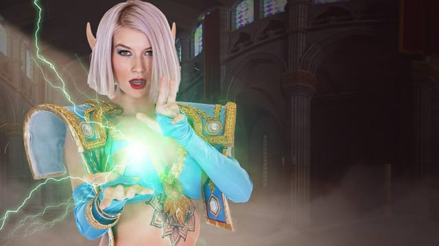 Arya Fae cosplay as a seductive shadow priest performs a POV blowjob in 4K VR for WhorecraftVR