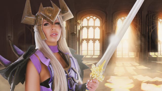 Nina Elle in cosplay performs oral sex and intercourse in a VR POV scene with 60fps smooth motion and 8K resolution.