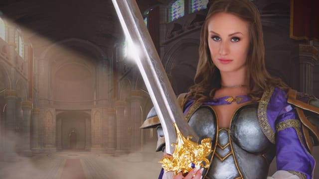 Daisy Stone in cosplay receives a POV blowjob in 4K VR while balancing power dynamics.