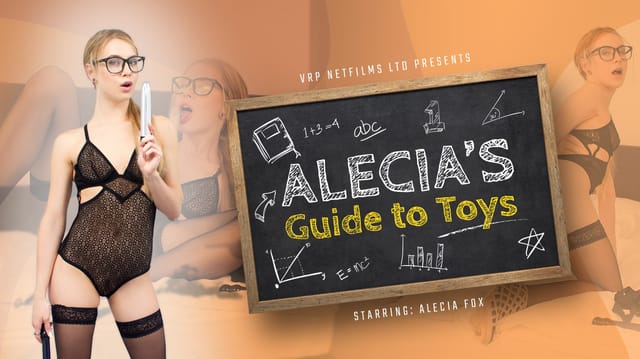 Alecia Fox performs a solo demonstration of adult toys while wearing lingerie in a 4K VRPFilms VR scene filmed at 60 frames per second.