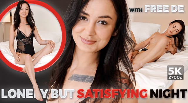 Freya Dee performs solo fingering in a brunette VR video featuring 4K resolution and 60 FPS.